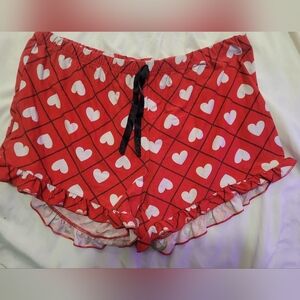 Red Heart-Print Ruffle Sleep Shorts with Drawstring